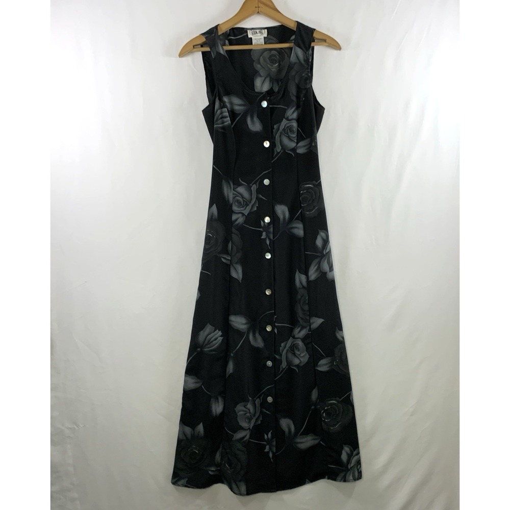VTG 90s Dark Floral Button Front Maxi Dress Size Small Tie Back Soft Grunge Rose